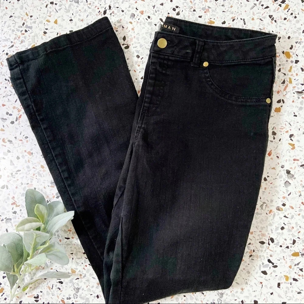 Black Denim IMAN Jeans Pull On Slimming No Zip Size Womens Medium Short Jeans - Picture 2 of 10